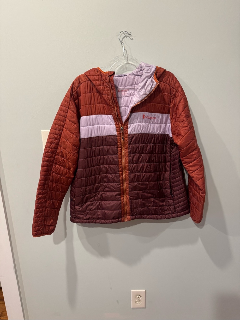 cotopaxi Lavender and Orange Women's Puffer Jacket with Embroidery on Arm